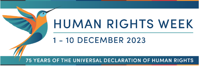 Multicoloured hummingbird graphic on a white background with Human Rights Week 1-10 December in blue text next to it 