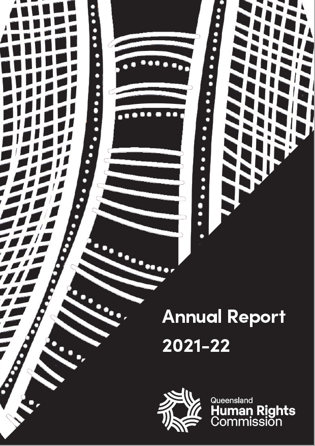 Front cover of the 2021-22 Annual Report. Most of the page is a black and white geometric pattern. Our logo and the title of the report are in the bottom right corner of the page.