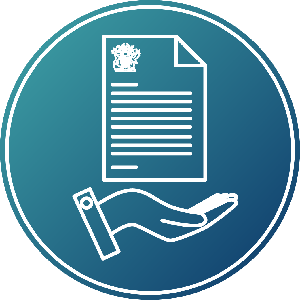 Icon: A hand holding a document that looks like a letter - white on a blue background..