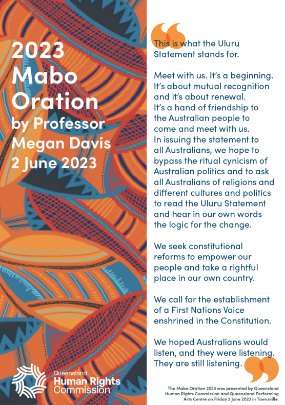Poster split in two vertically - on the left side is our Guided Protection artwork, showing overlapping shields covered with geometric patterns in shades of blue, orange and red. On the right is a quote from Professor Megan Davis, who delivered the 2023 Mabo Oration.