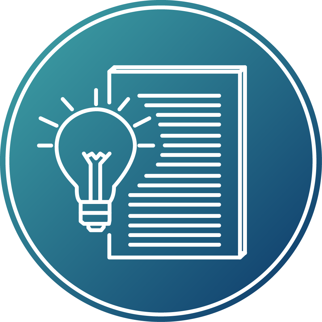 Icon: A document with a light bulb next to it - white on a blue background
