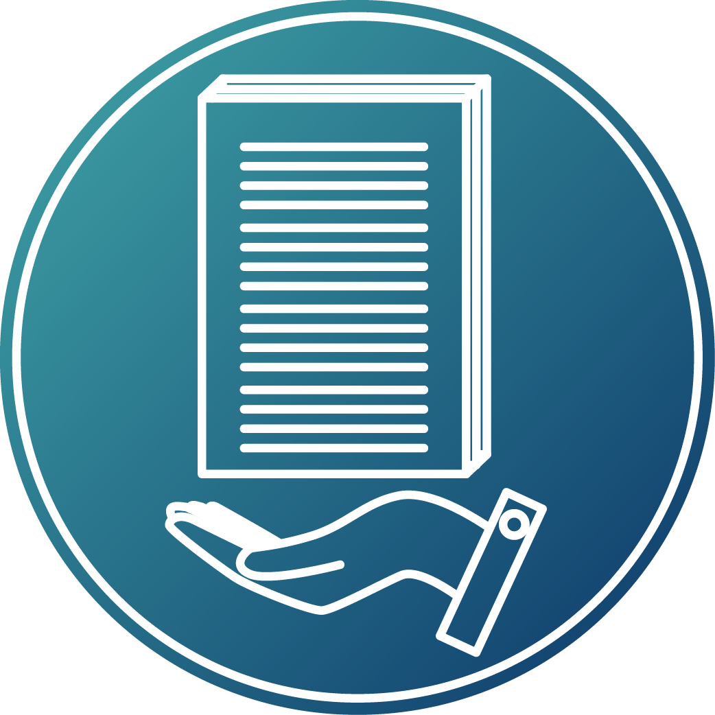 Icon: A hand holding a document that looks like a report - white on a blue background