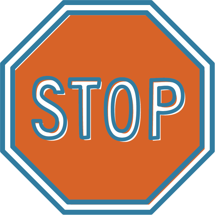 icon of a standard octagonal traffic stop sign - the outline is blue and the fill colour is orange, with a white border and white text saying 'stop' in the middle