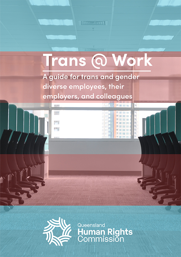 Cover of the A4 Trans @ Work resource. A photo of an empty office with two rows of chairs at cubicles, overlaid with the blue and pink stripes of the transgender flag.