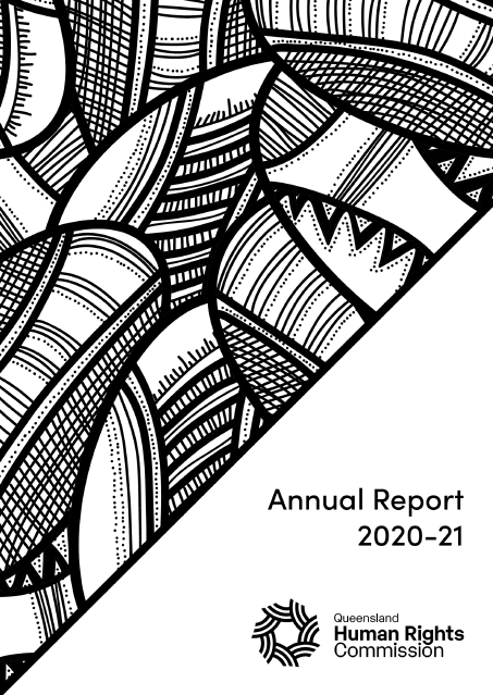 Cover of 2020-21 Annual Report. Black and white illustration of overlapping shields of different patterns. The bottom right corner is white and has the title of the report and the QHRC logo in black.