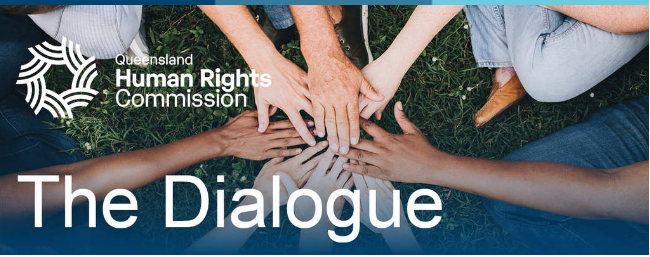 Aerial shot of a circle of people with their hands all clasped together in the centre, with The Dialogue in white text over the top and the QHRC logo in the top left corner