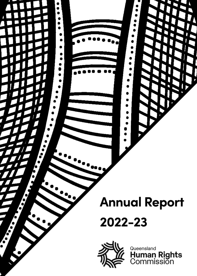 Geometric pattern in black and white with report title and QHRC logo in bottom right corner