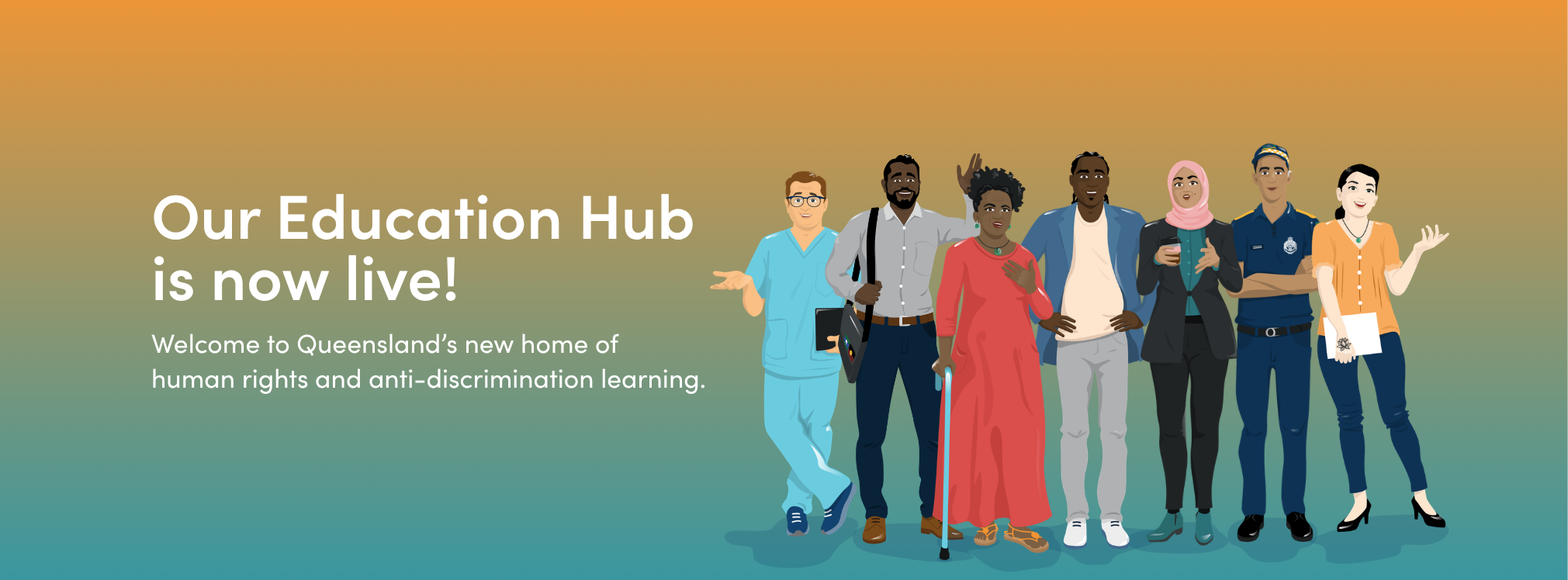 QHRC Education Hub characters (diverse) in a line facing towards the user