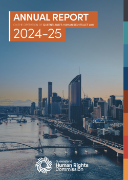 Cover page for the Human Rights Act Annual Report 2024-2025 featuring a birds-eye-view of Brisbane City CBD and Brisbane River